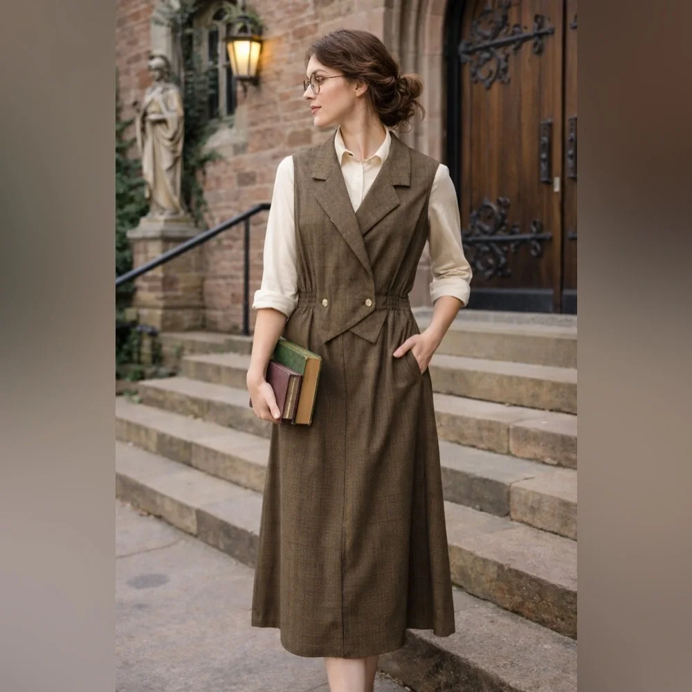 Vintage Sherry Kent Houndstooth Vest Dress 11/12 Brown Tan Sleeveless USA - Picture 1 of 6